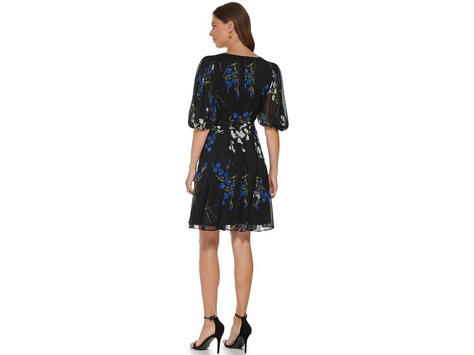 DKNY V-Neck Fit-and-Flare Dress with Balloon Sleeve (Deep Cobalt Multi) Women's Dress Product Image