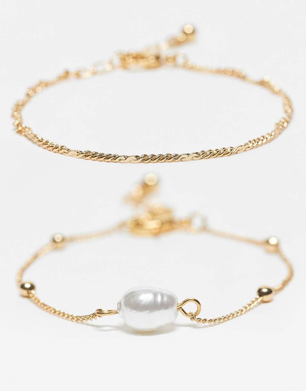 ASOS DESIGN 14k gold plated pack of 2 bracelets with fine chain and faux pearl detail Product Image