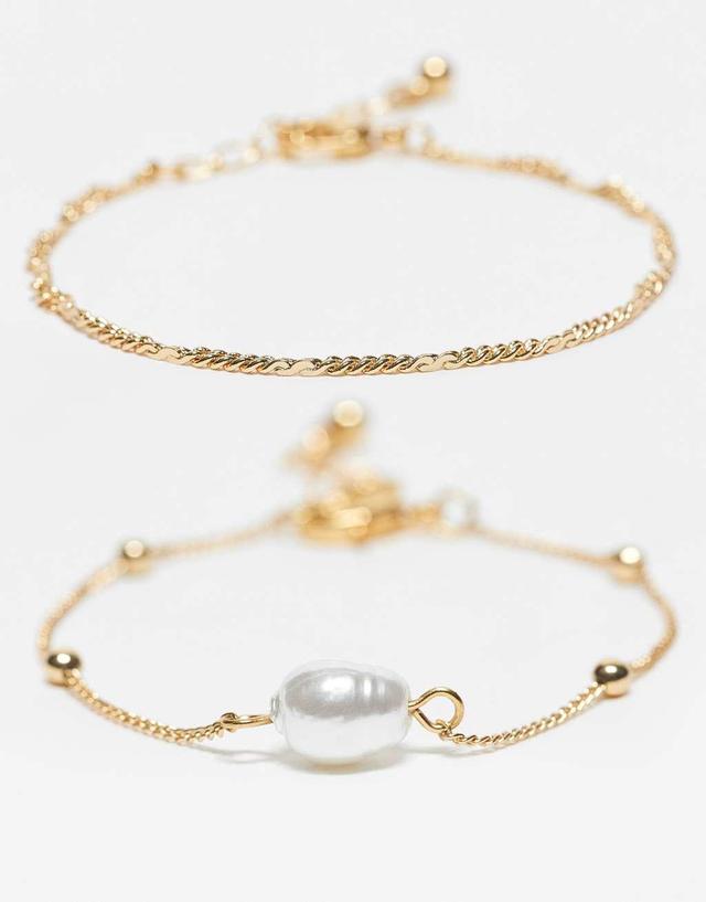 ASOS DESIGN 14k gold plated pack of 2 bracelets with fine chain and faux pearl detail Product Image