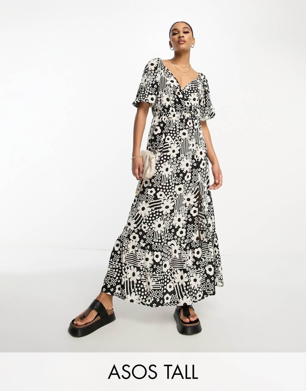 ASOS DESIGN Tall wrap bodice button up skirt with pep hem midi dress Product Image