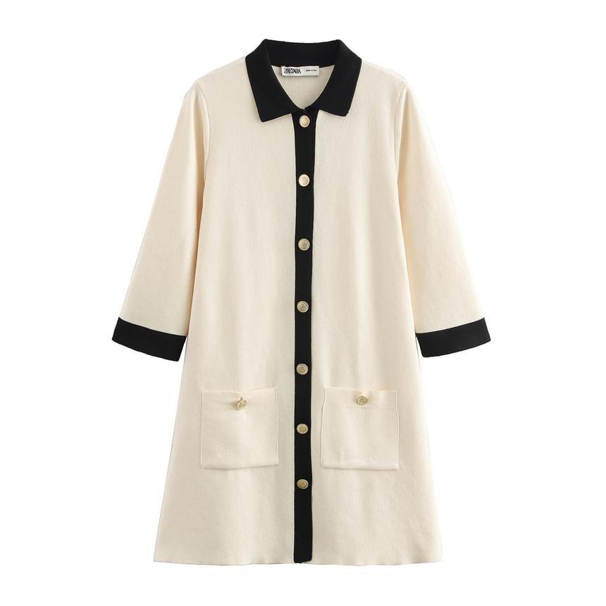 Long-Sleeve Contrast Collar Button-Up Mini Knit Dress Product Image