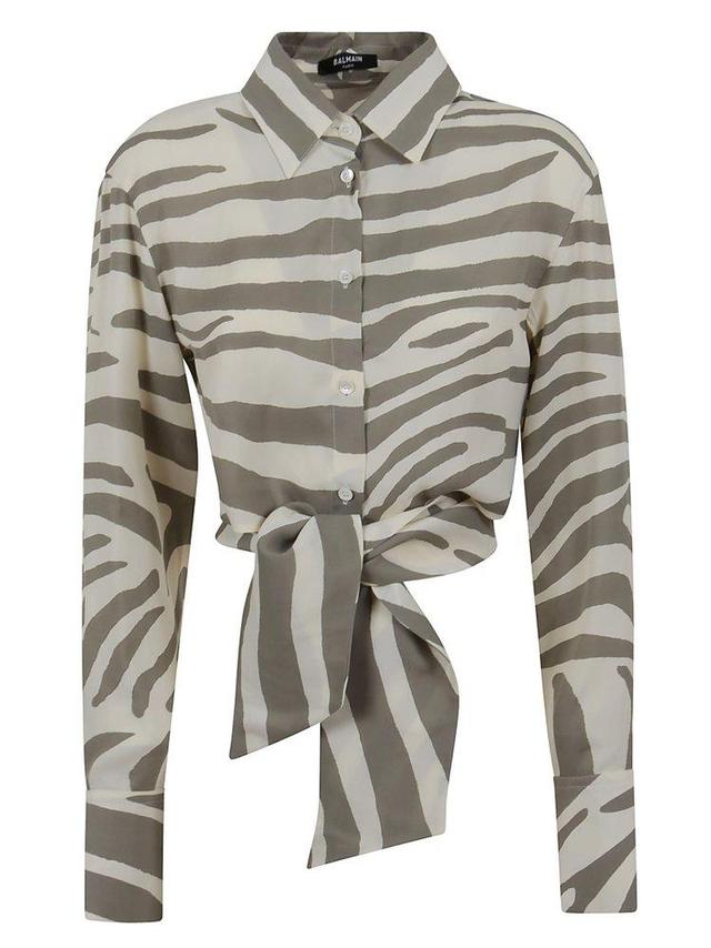 Animal-print Tie-waist Shirt In Beige Product Image