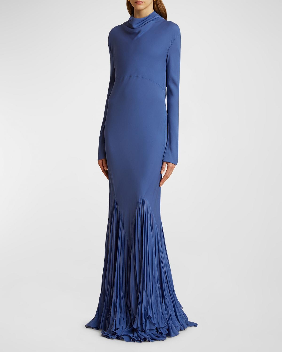 Metin Cowl-Neck Long-Sleeve Pleated Mermaid Gown Product Image