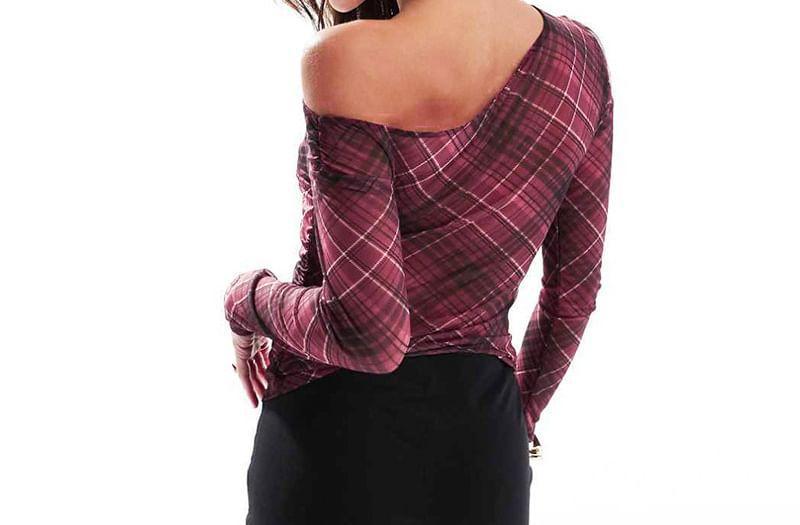 One Shoulder Long Sleeve Plaid Cropped Top Product Image