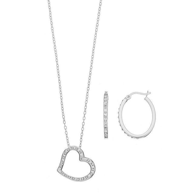 Diamond Mystique Platinum Over Silver Heart Pendant & Hoop Earring Set, Womens Gray Product Image