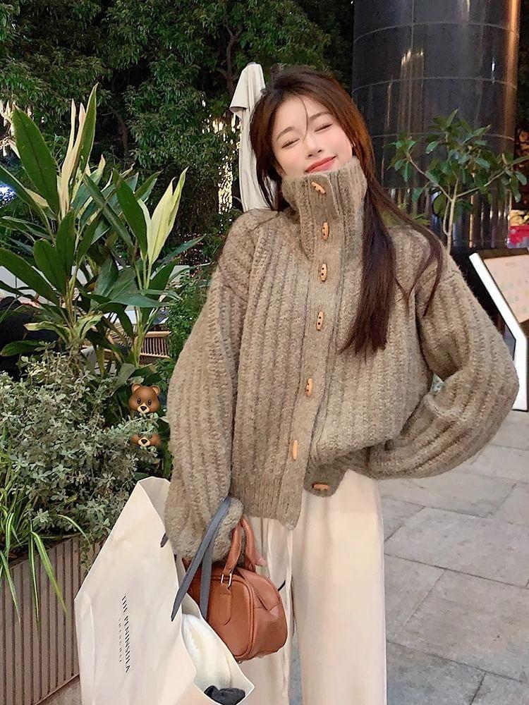 Stand Collar Plain Ribbed Toggle Cardigan Product Image