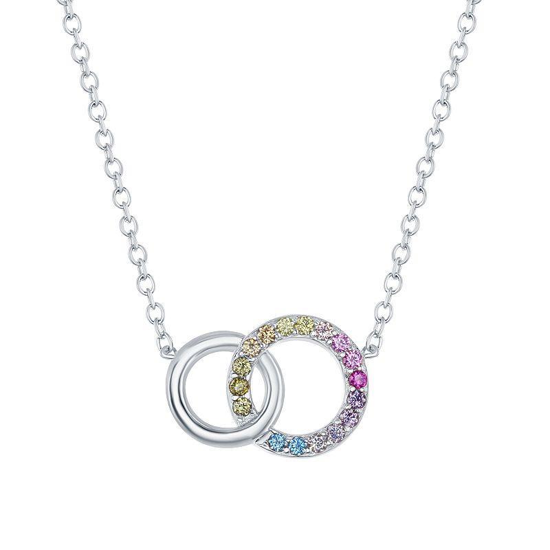 Sterling Silver Rainbow Cubic Zirconia Double Circle Necklace, Womens 14k Rose Gold Plated Product Image