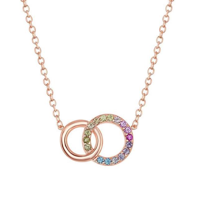 Sterling Silver Rainbow Cubic Zirconia Double Circle Necklace, Womens 14k Rose Gold Plated Product Image