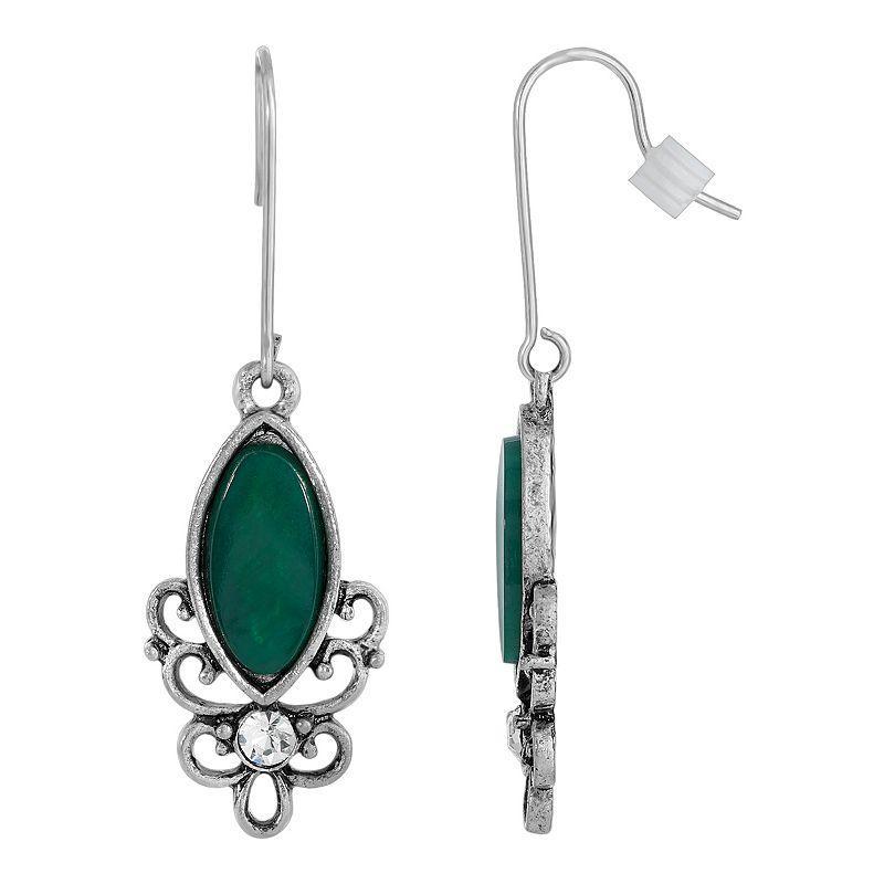 1928 Silver Tone Stone Filigree Drop Earrings, Womens, Green Product Image