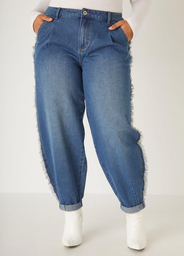 Mid Rise Frayed Barrel Jeans Product Image