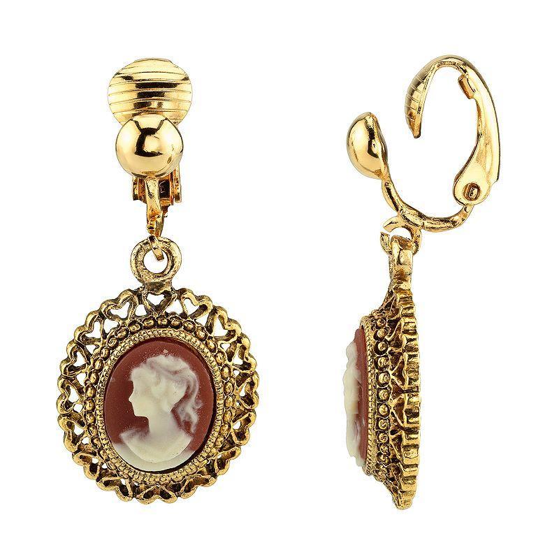 1928 Gold Tone Filigree Woman Cameo Detail Clip-On Drop Earrings, Womens, Orange Product Image