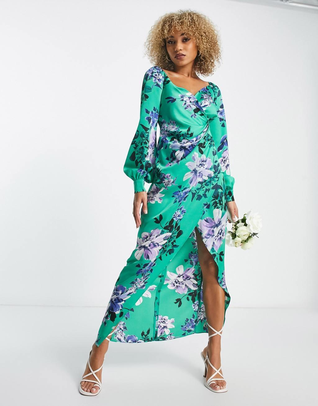 Liquorish satin wrap maxi dress with blouson sleeve in green floral print Product Image