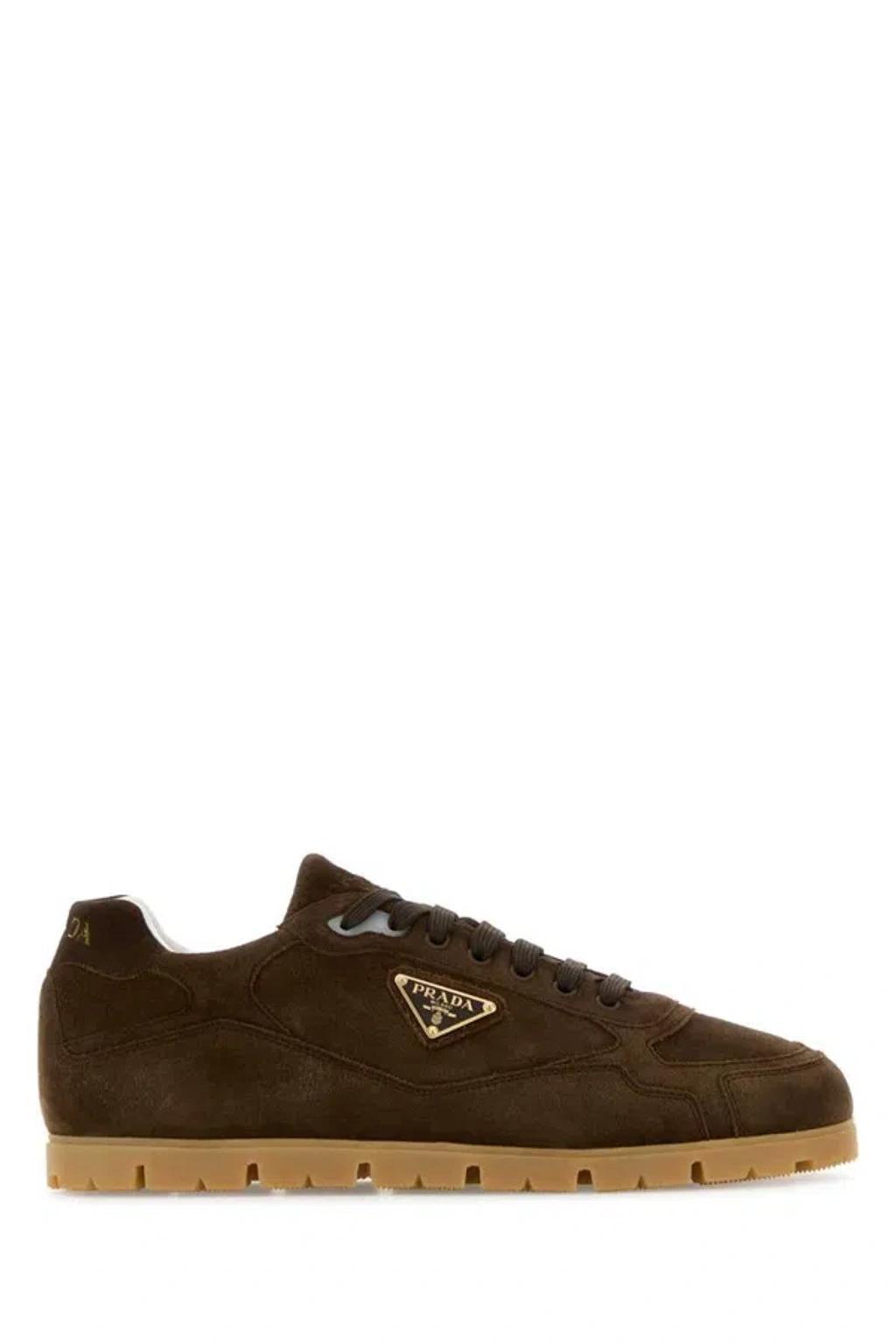 PRADA Faded Suede Sneakers In Dark Brown Product Image