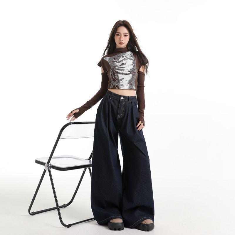 High Waist Plain Wide Leg Jeans Product Image