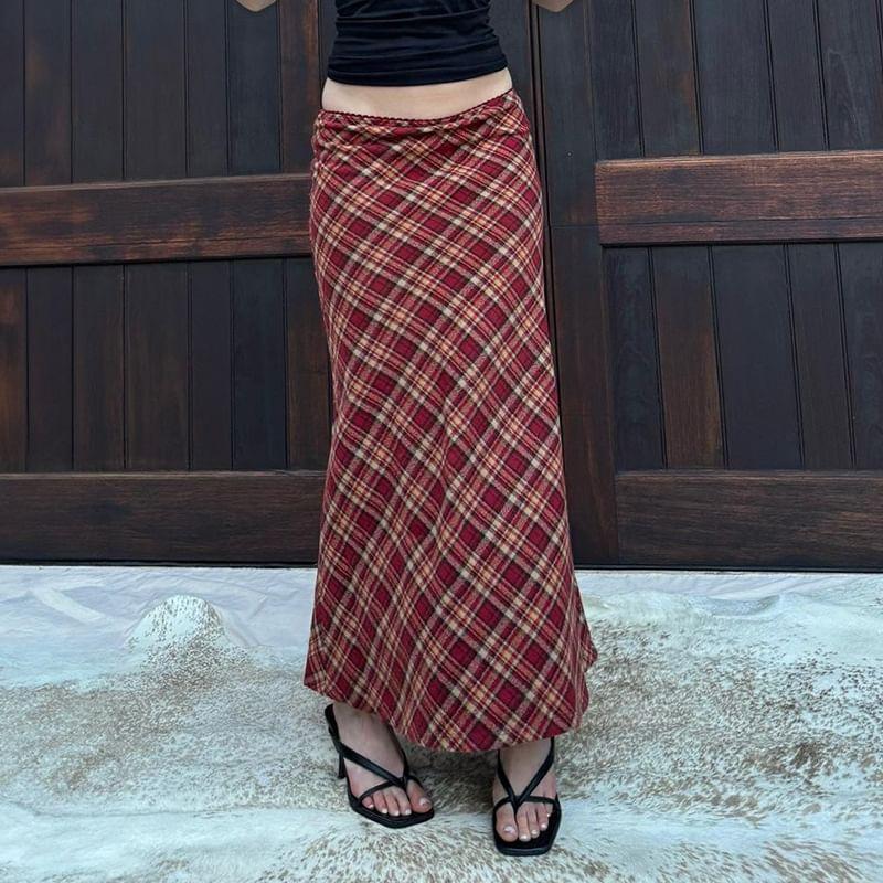 High Waist Plaid Maxi A-Line Skirt Product Image