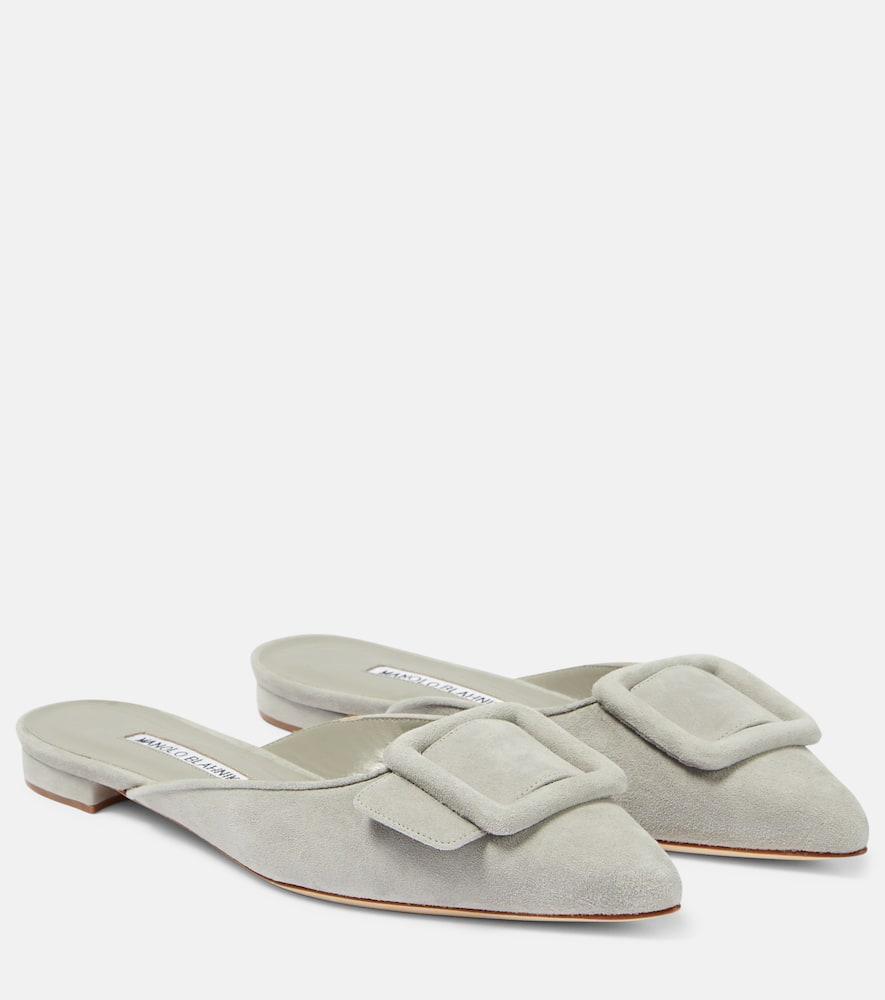 Maysale Buckled Suede Point-toe Flats In Grey Product Image