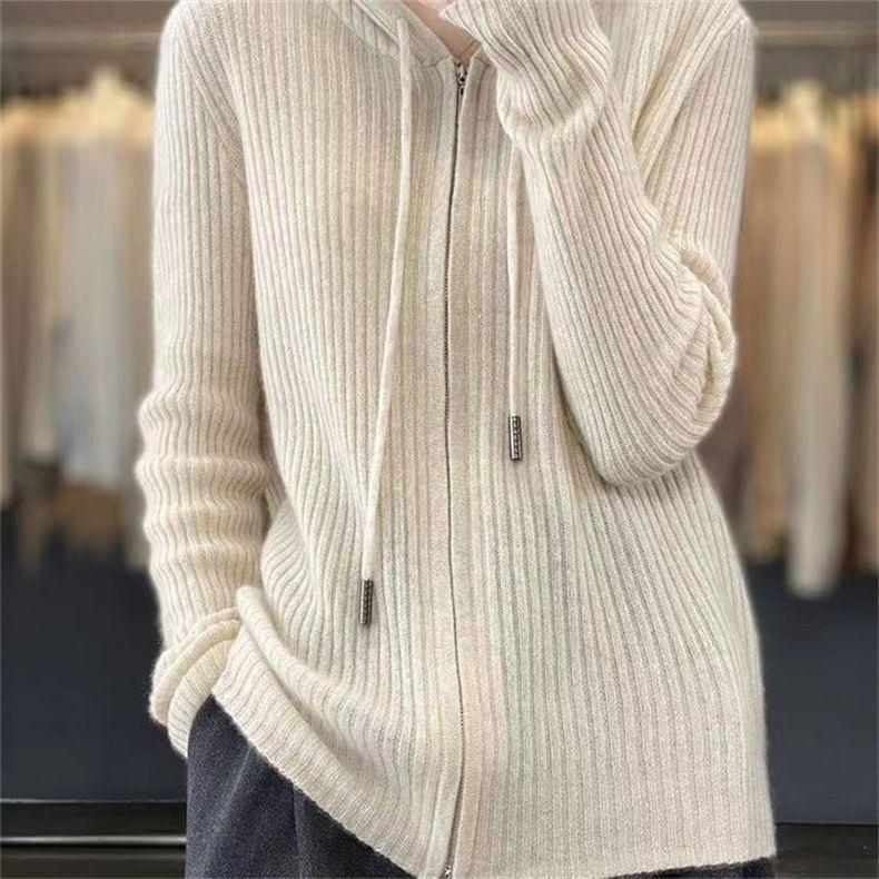 Plain Hooded Ribbed Zip Cardigan Product Image