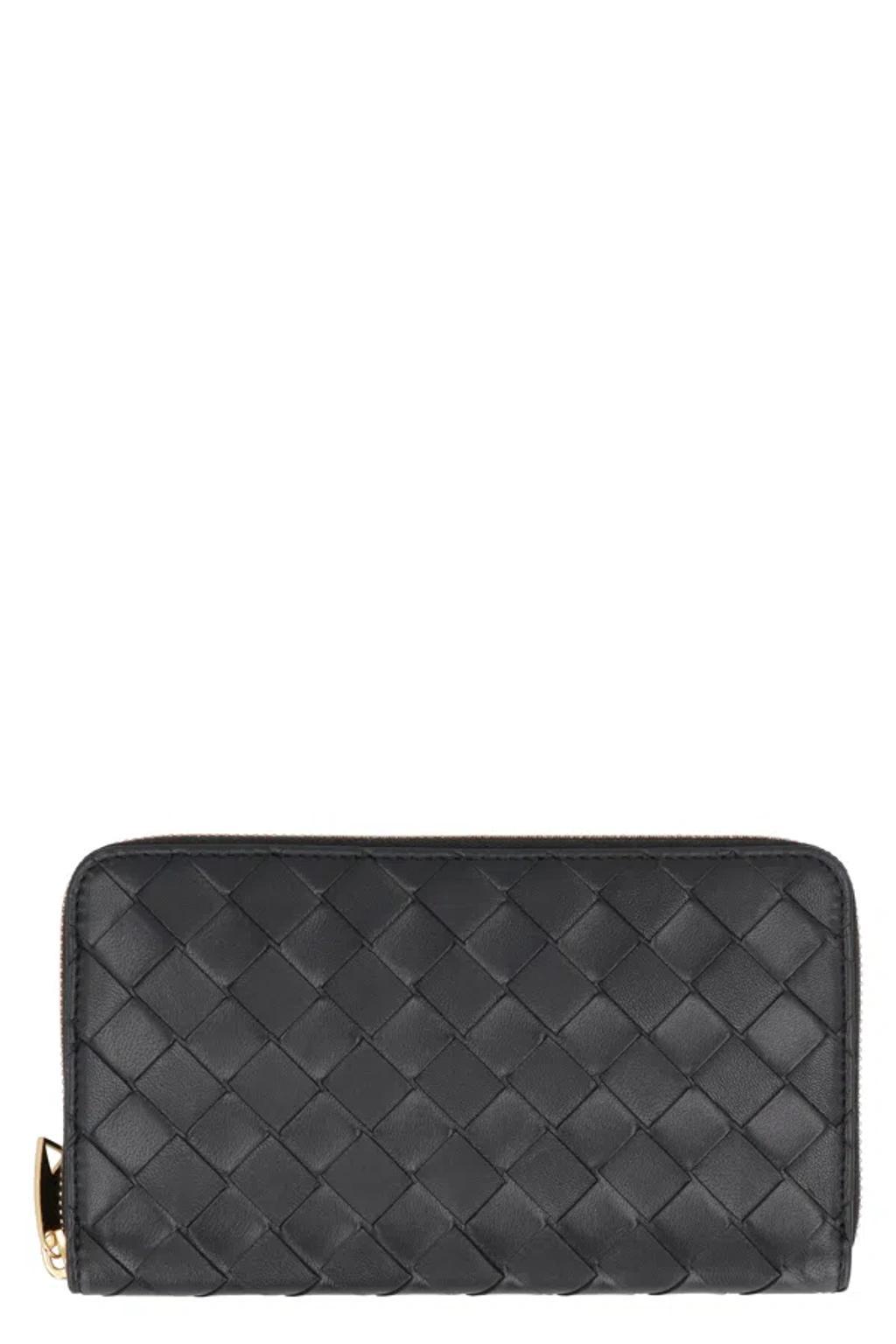 BOTTEGA VENETA Black Leather Zip-around Wallet For Women Product Image