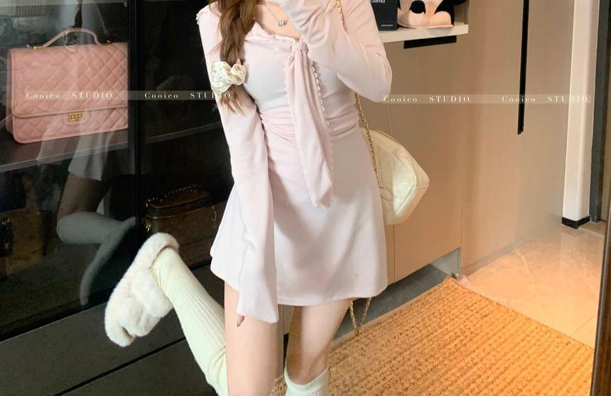 Long Sleeve V-Neck Plain A-Line Mini Dress Product Image