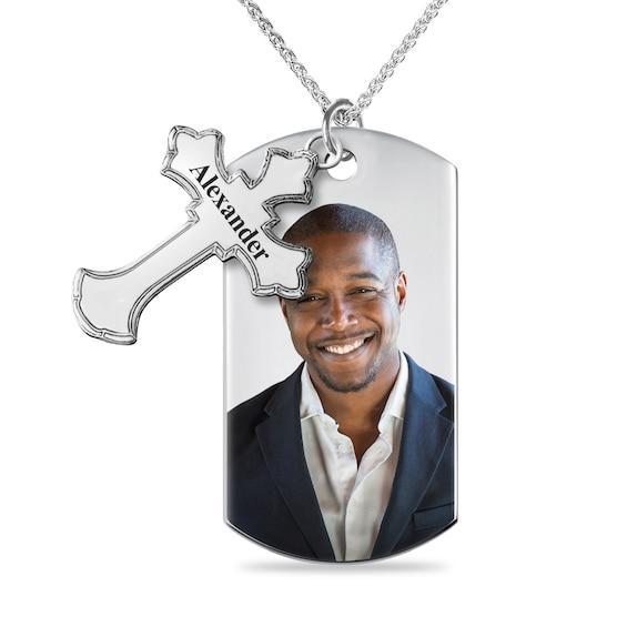 Men's Extra Large Engravable Photo Dog Tag Pendant with Cross Charm in Sterling Silver (1 Image and 4 Lines) - 22" Product Image