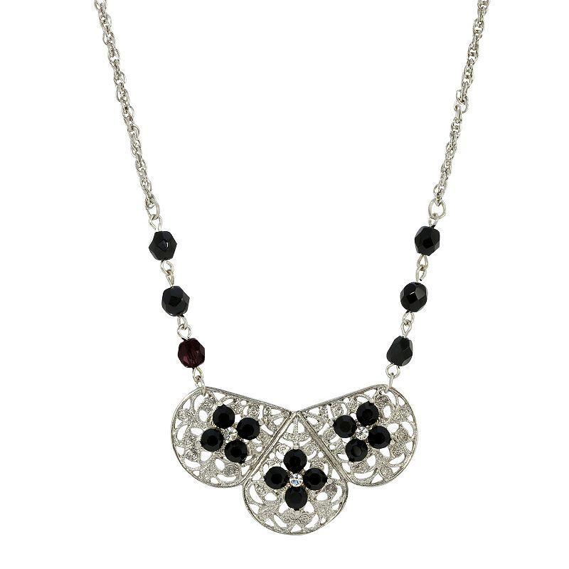 1928 Silver Tone Filigree Black Crystal Flower Necklace, Womens Product Image