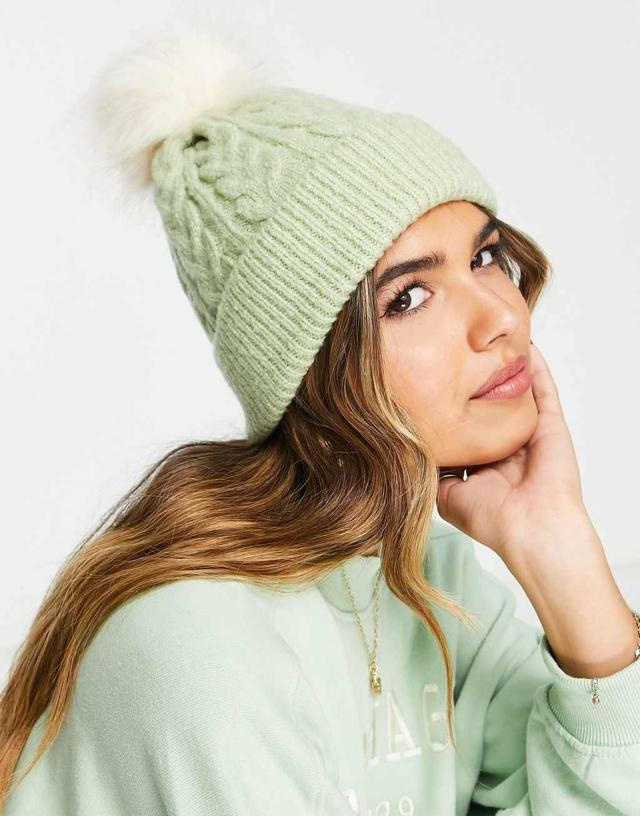 ASOS DESIGN cable knit beanie with faux fur pom in sage Product Image