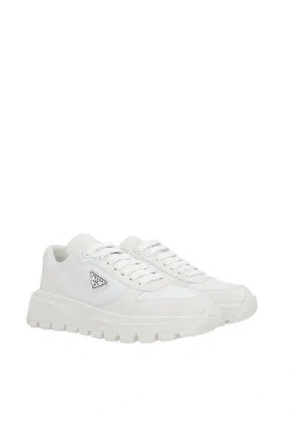 PRADA White Leather And Nylon Sneakers Product Image