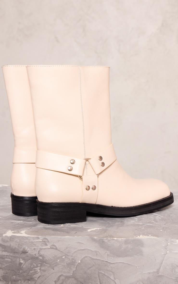 Beige PU Square Toe Buckle Detail Ankle Boots Product Image