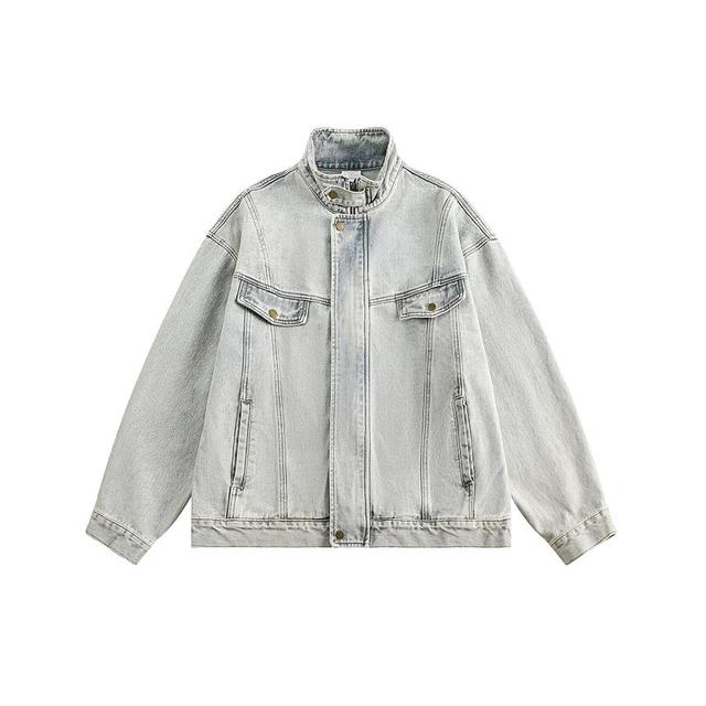 Stand Collar Washed Zip-Up Denim Jacket Product Image