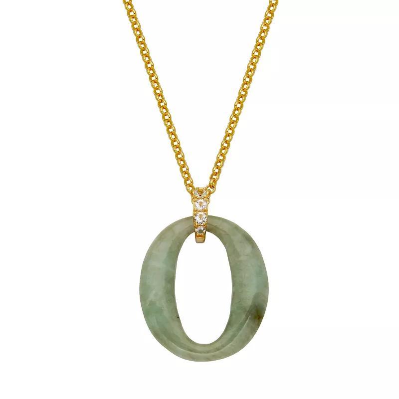 Dynasty Jade 18k Gold Over Silver Oval Genuine Green Jade & White Topaz O Pendant Necklace, Womens Sterling Product Image