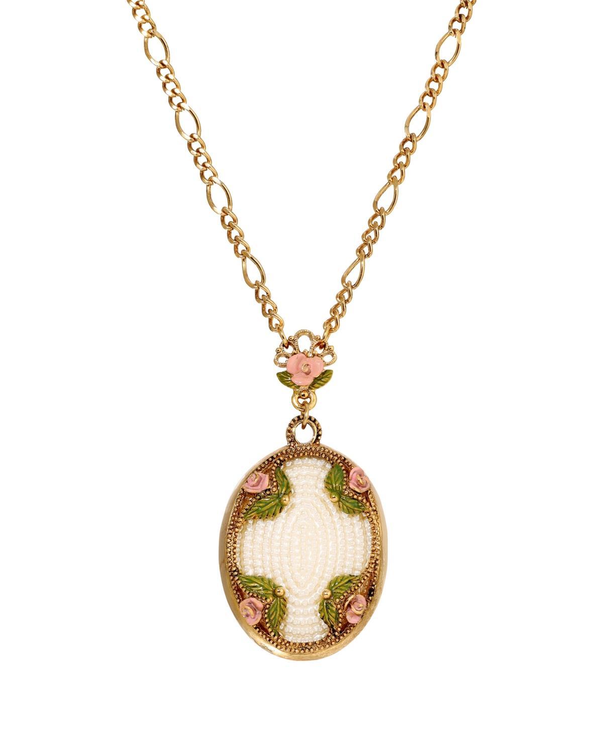 1928 Gold Tone Simulated Pearl Bead Pink Flower Medallion Necklace, Womens product image