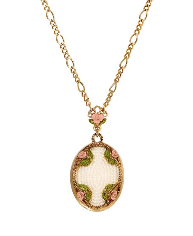 1928 Gold Tone Simulated Pearl Bead Pink Flower Medallion Necklace, Womens Product Image