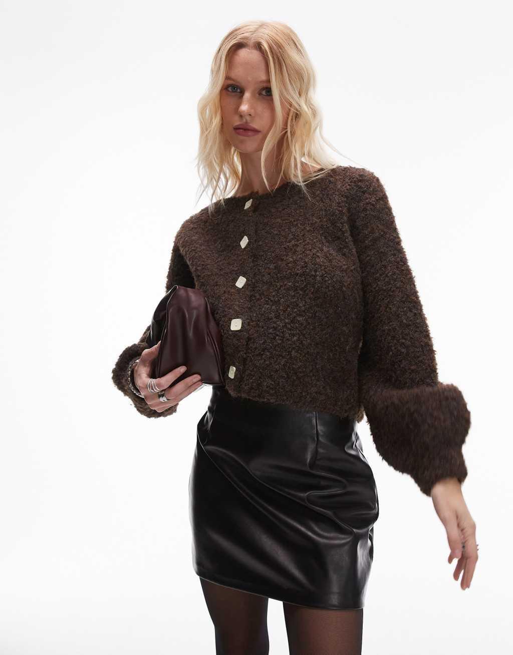 VRG GRL elsie fluffy cardigan in chocolate product image