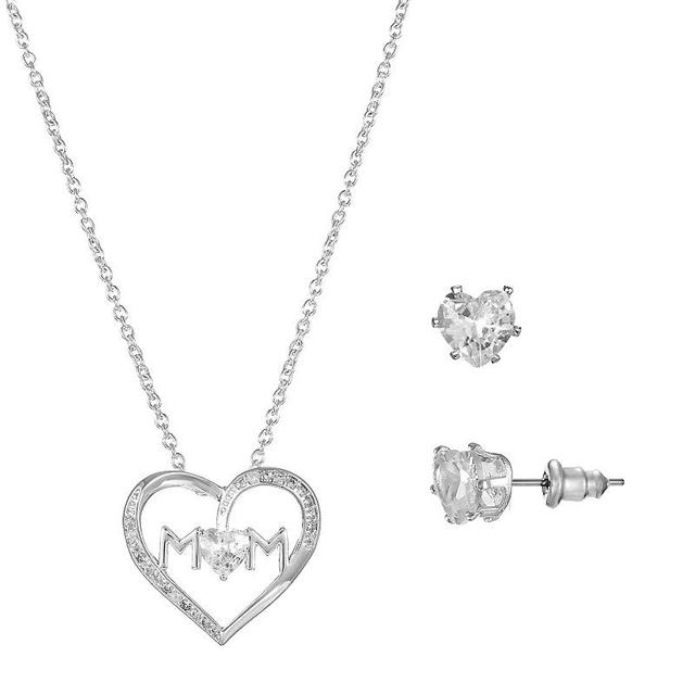 Silver Tone Cubic Zirconia Mom Heart Pendant Necklace & Stud Earrings Set, Womens, Size: 18+3, Silver Tone Clear Product Image