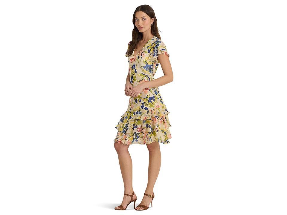 LAUREN Ralph Lauren Floral Georgette Drop-Waist Dress (Cream Multi) Women's Dress Product Image