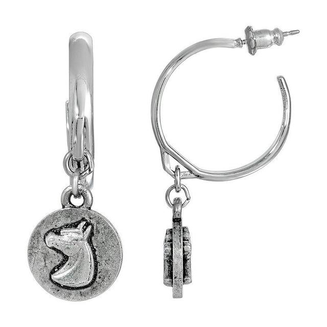 1928 Silver Tone Horse Medallion Huggie Earrings, Womens Product Image