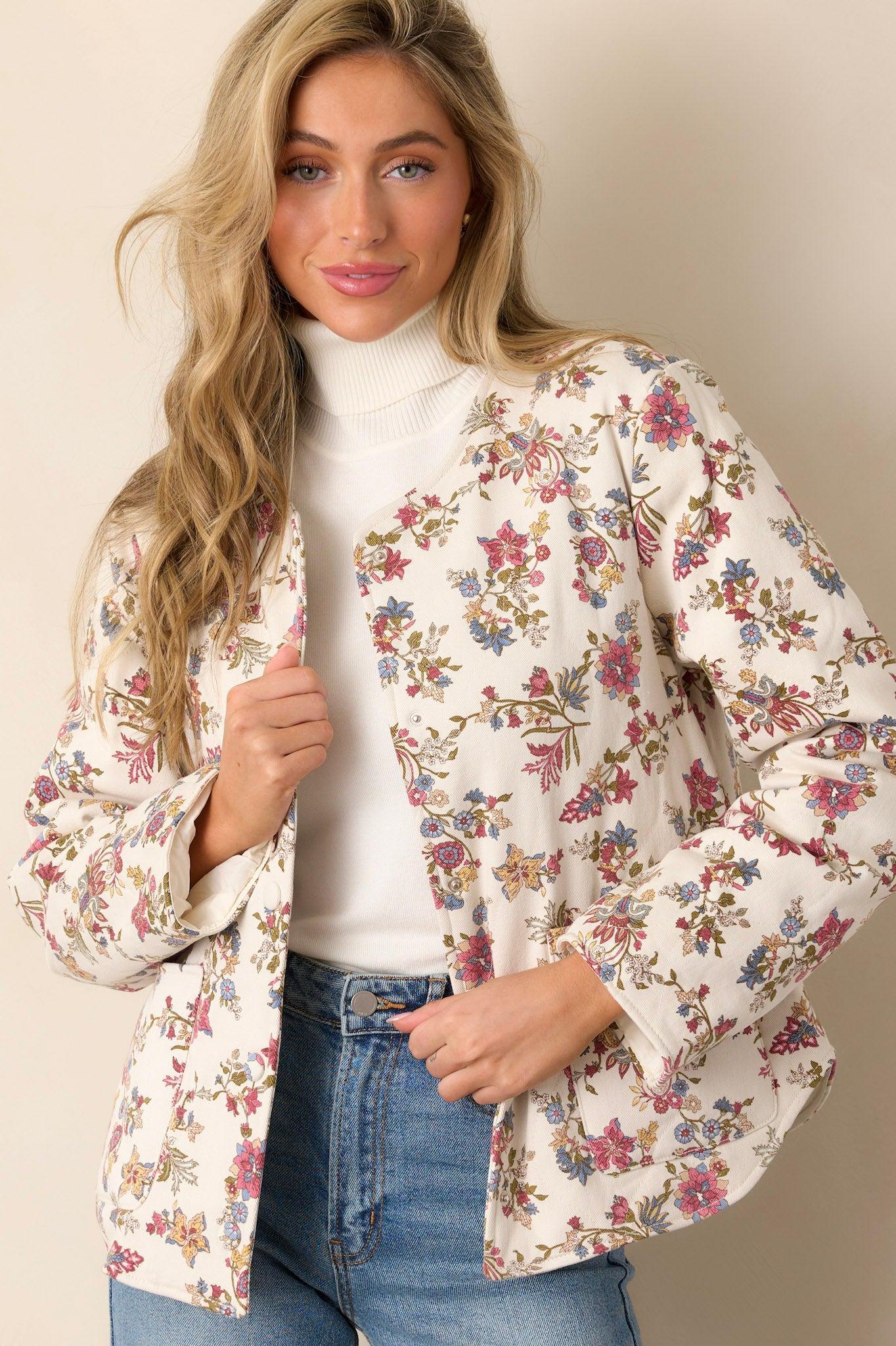 Wild Honey Ivory Floral Crew Neck Denim Jacket Product Image