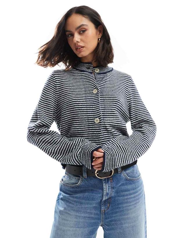 ASOS DESIGN knitted crop crew neck cardigan in navy and ecru stripe Product Image