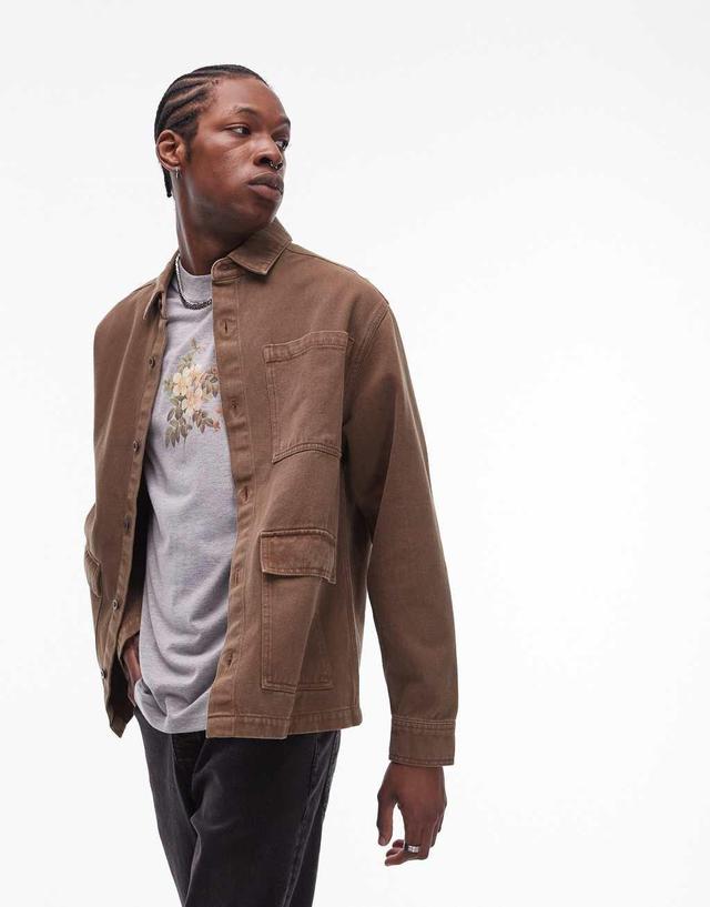 Topman long sleeve overshirt in brown Product Image