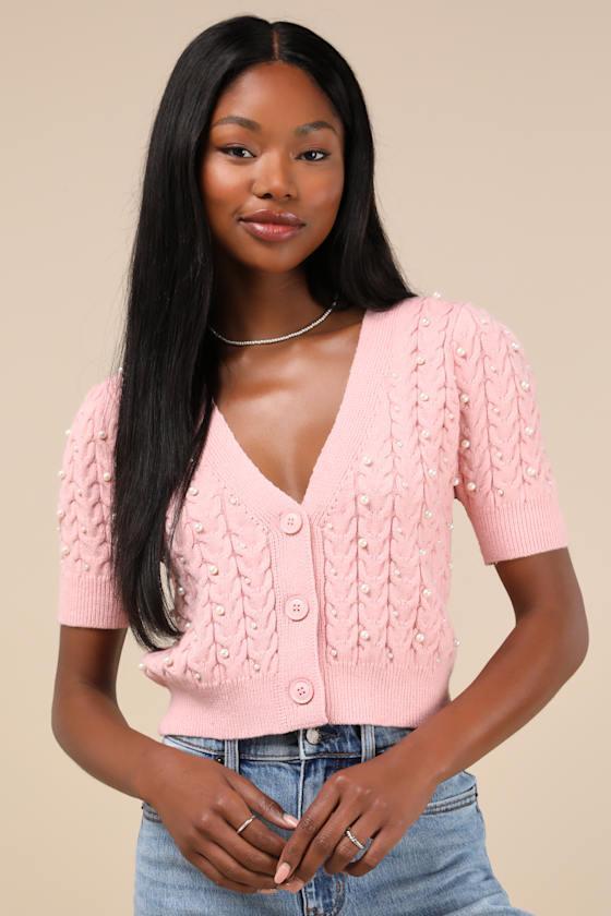 Posh Glow Pink Cable Knit Pearl Short Sleeve Cardigan Product Image