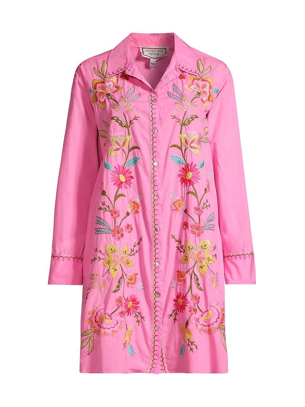 Womens Camellia Floral Embroidered Cotton Tunic Dress Product Image