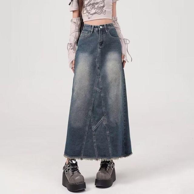 High Rise Fringed Slit Washed Denim Midi A-Line Skirt Product Image