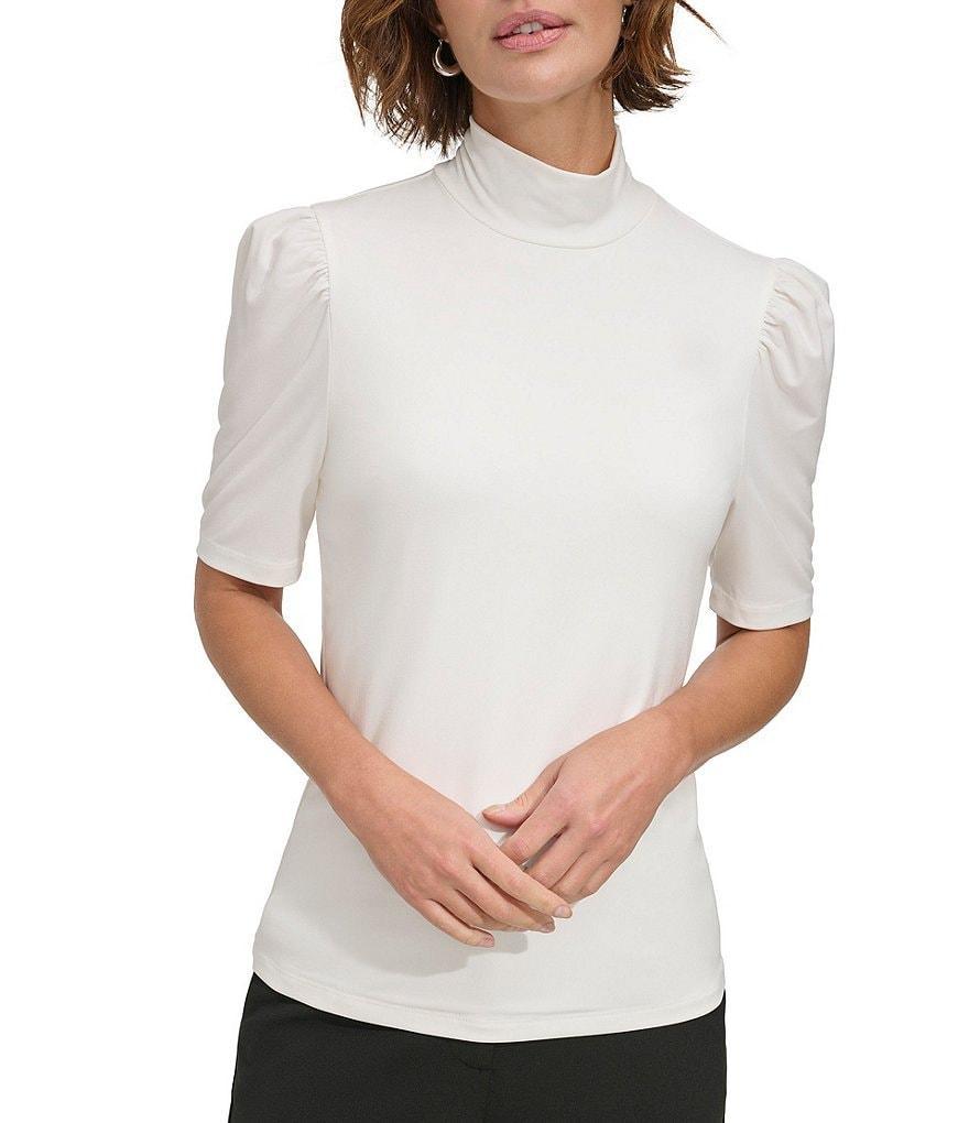 DKNY Stretch Jersey Knit Mock Neck Short Puff Sleeve Shirt Product Image