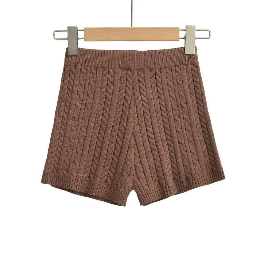 High Waist Plain Cable Knit Shorts Product Image