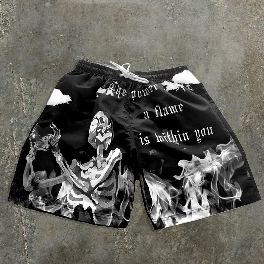 The Power To Spark A Flame Is Within You Skull Graphic Casual Street Mesh Shorts Product Image