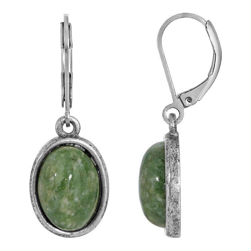 1928 Jewelry Silver Tone Jade Oval Drop Earrings, Green Product Image