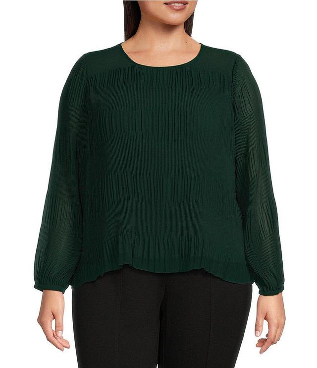 Calvin Klein Plus Size Solid Chiffon Accordion Pleat Crew Neck Long Sleeve Top Product Image