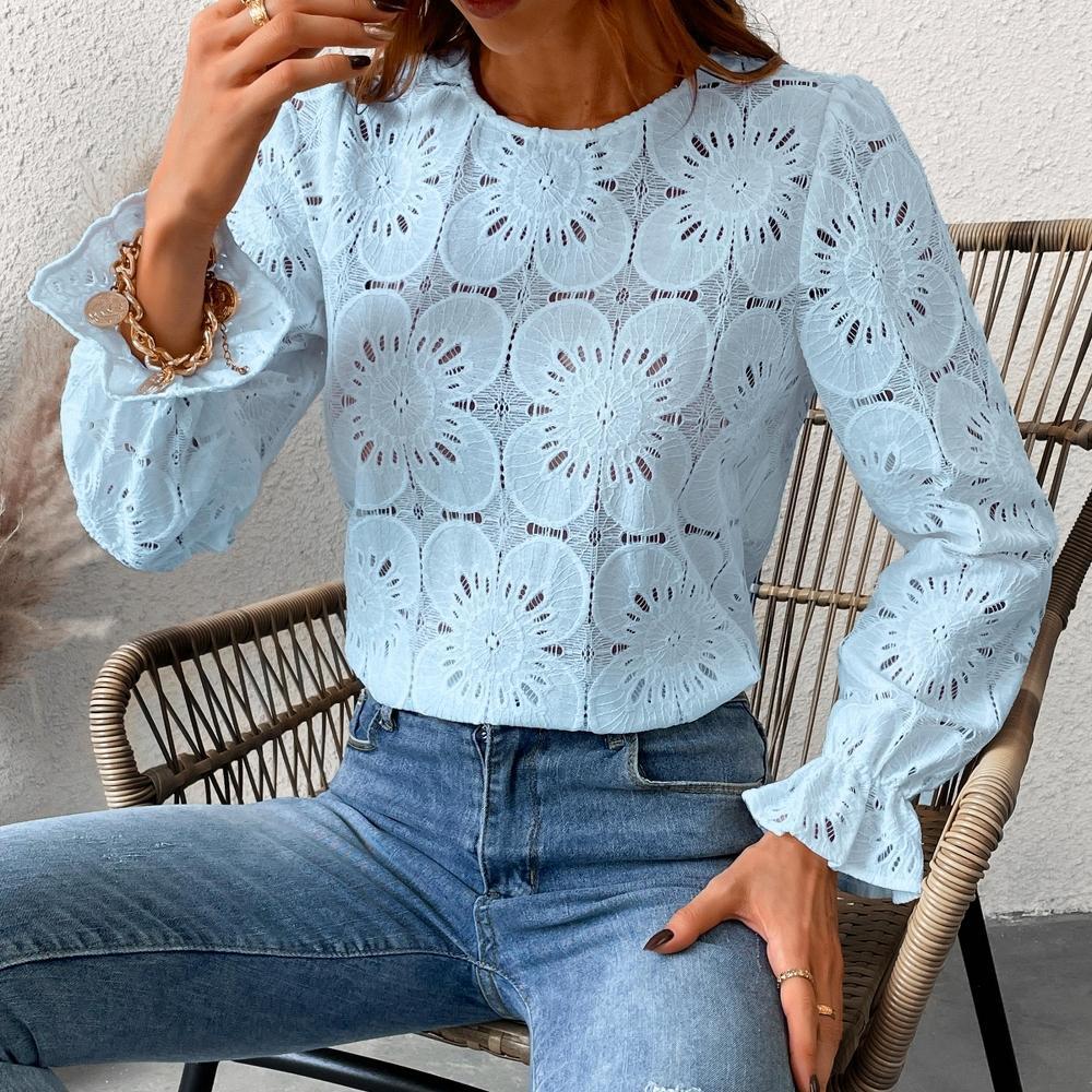 Women's Long Sleeve Embroidered Floral Eyelet Blouse Shirt- Cupshe-XL-Blue Product Image