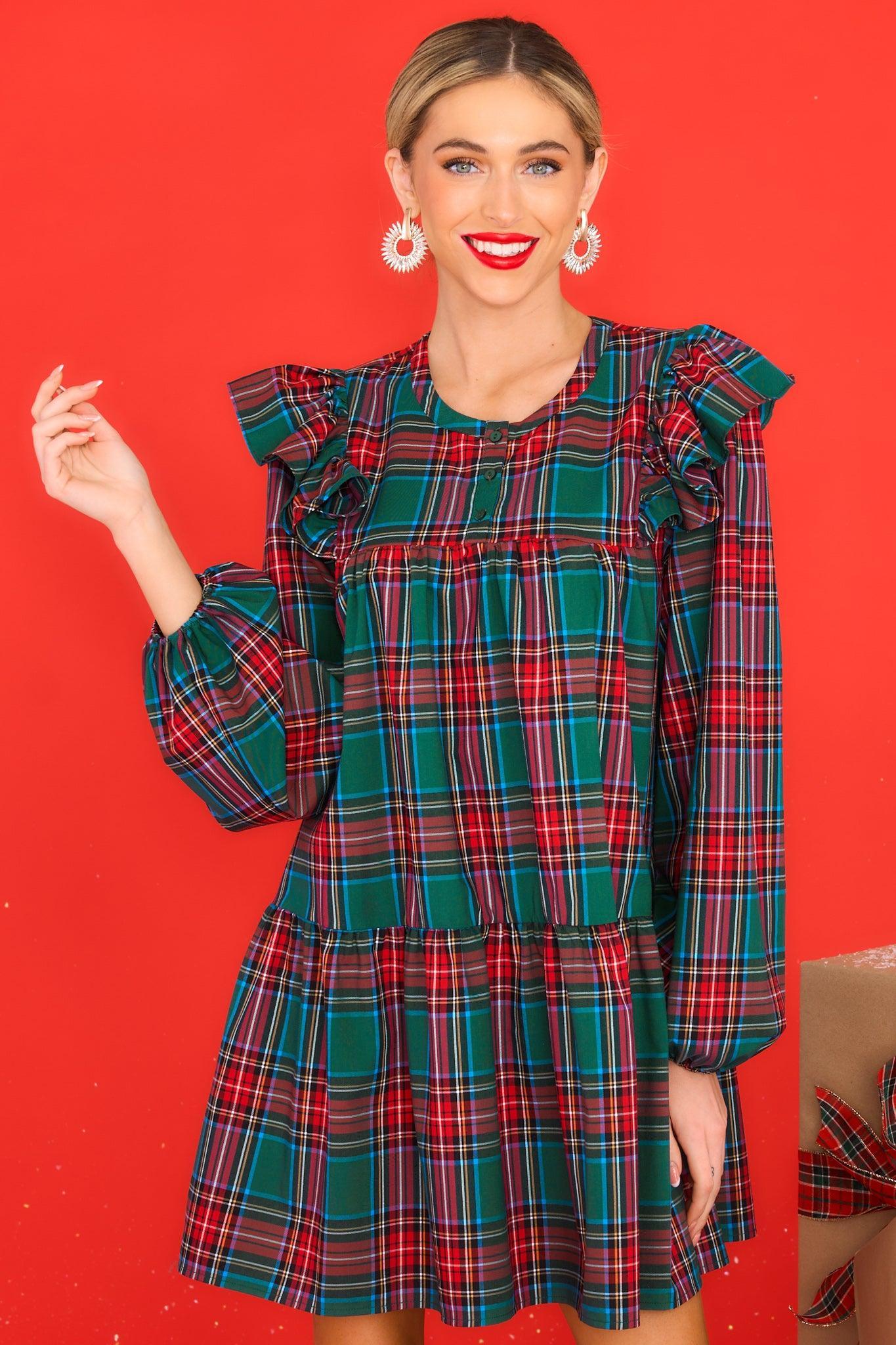 Aura Yuletide Elegance Green Plaid Dress Product Image