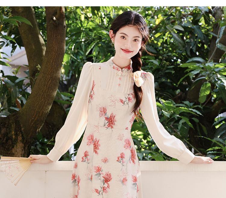 Mock Two-Piece Long-Sleeve Floral Print Midi A-Line Dress Product Image